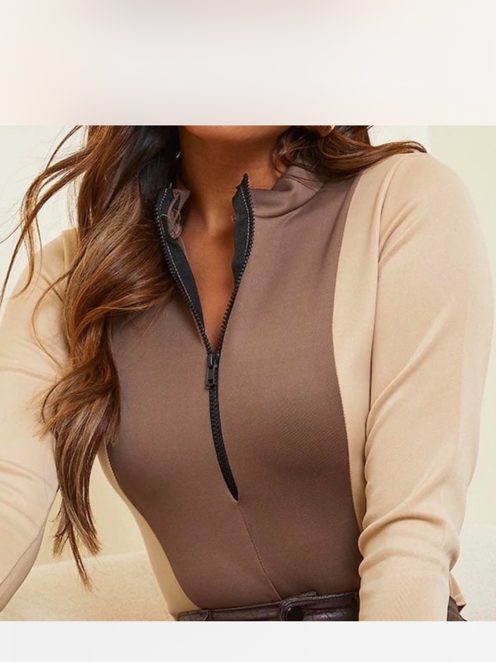 PrettyLittleThing NWOTBeige Scuba Contrast Panel Long Sleeve Bodysuit - Picture 3 of 3